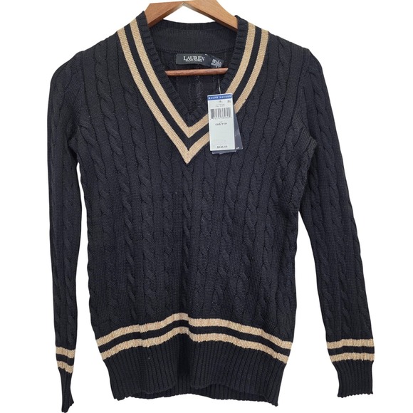 Lauren Ralph‎ Lauren Cable Knit Sweater V-Neck Pullover Black gold shimmer XXS
